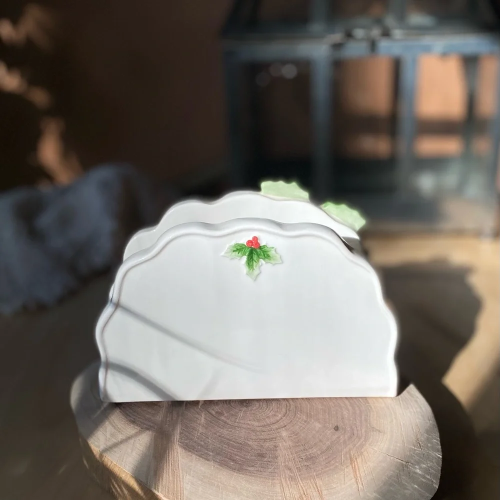 Vintage Mary Ann Baker Otagiri Holiday Holly Ceramic Napkin Holder